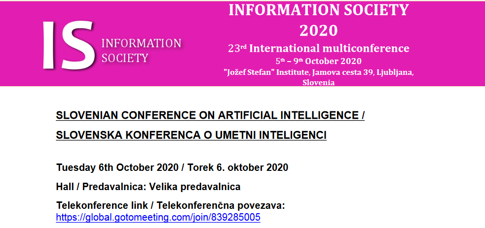 6. oktober 2020: znanstveni prispevek Andraža Levstka iz 4. C na Slovenski konferenci o umetni inteligenci 2020